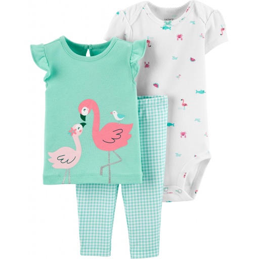 SET TRES PIEZAS PANTALON A CUADROS REMERA Y BODY MANGA CORTA FLAMENCO 12 MESES