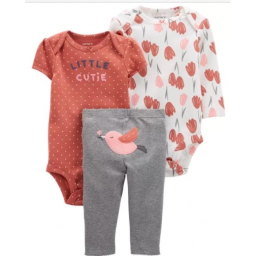 SET 3PC DE ALG CON 2 BODIES MC Y ML PANTALON ESTAMPADO COLIBRI BEBE