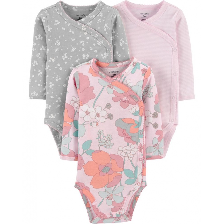 PACK X3 BODIES CARTERS ML FLORES RAYAS NB